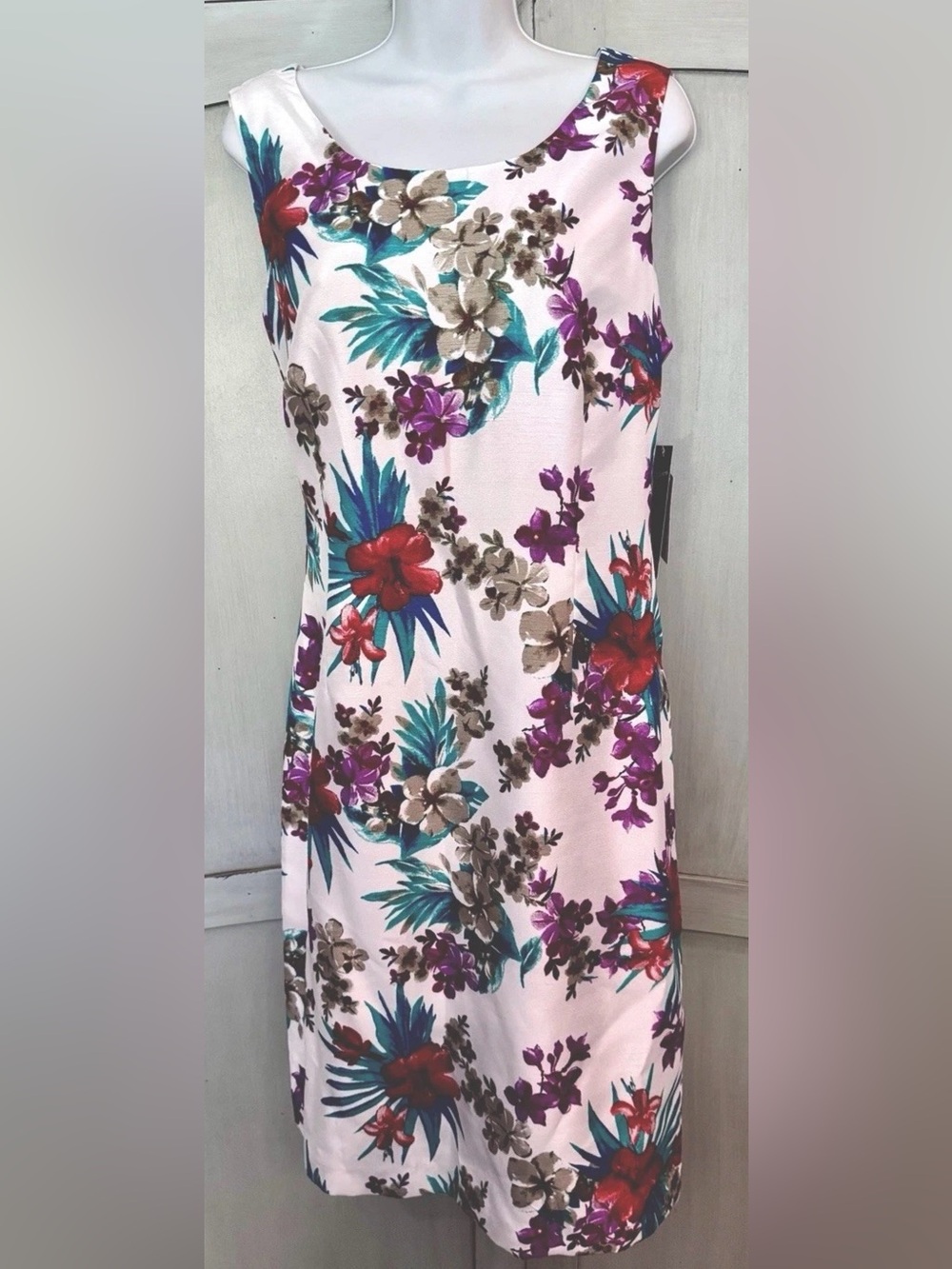 🌺DN DESIGN🌺 SATIN HAWAIIAN FLORAL LINED KICK SLIT SLEEVELESS SHEATH DRESS
